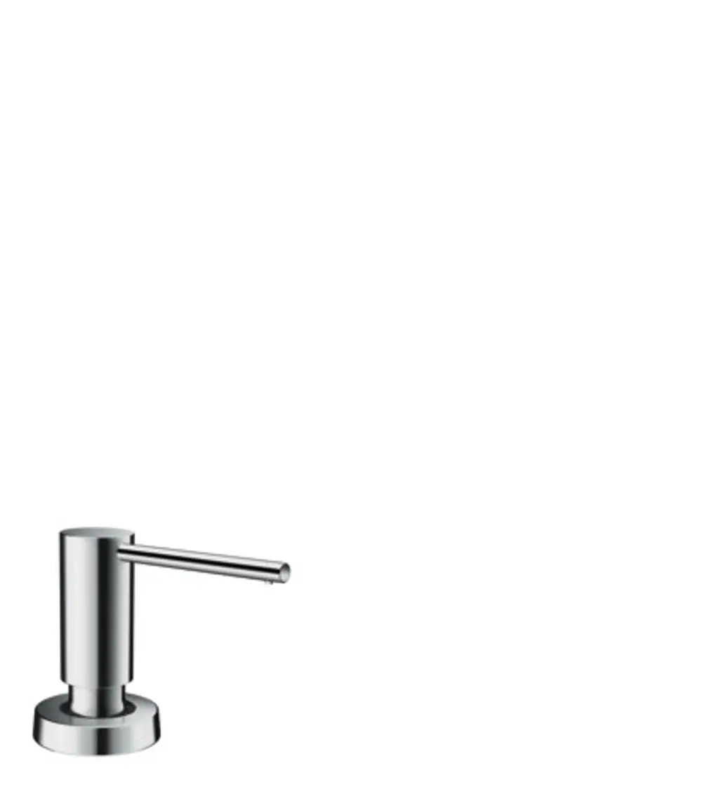 Spülmittel- und Lotionspender in Chrom-Finish von Hansgrohe. Zylinderförmiger Körper mit schmalem Auslauf, montiert auf einer runden Basis.